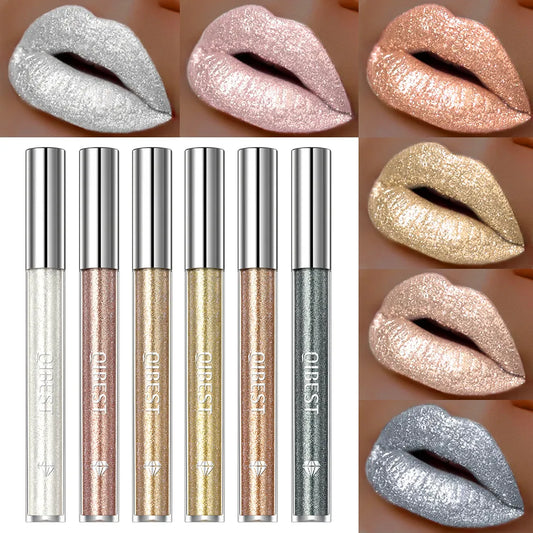 Glitter Diamond Liquid Lipstick Waterproof Long Lasting Pearl Shiny Lip Gloss Metal 6 Colors