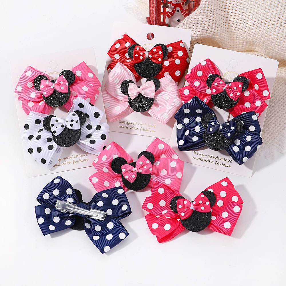 2pcs/Set Girls Lovely Polka Dot Bow Hair Clips Cartoon Hairpins