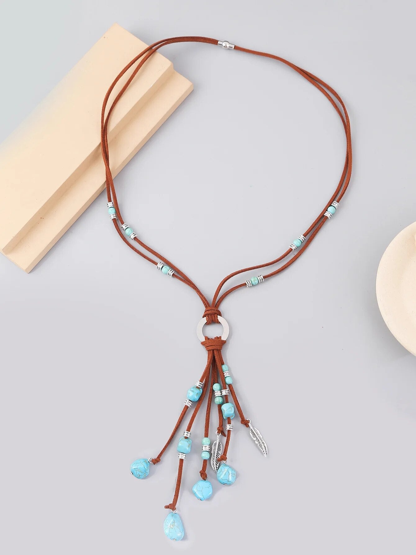 Bohemian Style, Genuine Leather, Sweater Chain, Irregular Blue Stone