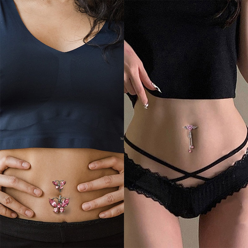 Pink Crystal Surgical Steel Piercing Belly Ring Sexy