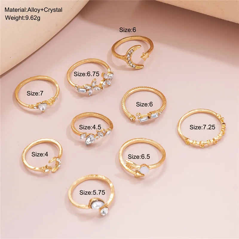 Boho Gold Color Heart Finger Rings Set For Women Cubic Zirconia Star Moon Arrow Flower