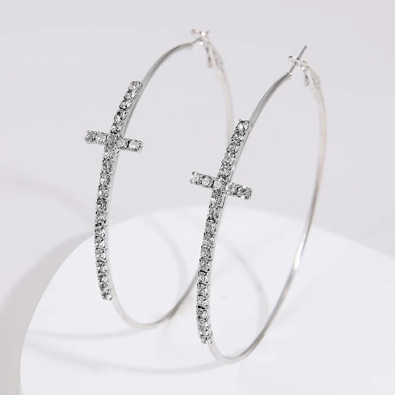 Obega Cross Hoop Earrings Shiny Cubic Zircon Gold And Silver