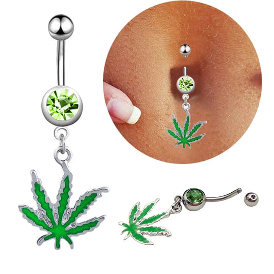 316L Stainless Steel Leaf Belly Button Ring for Women, Green Maple Leaf