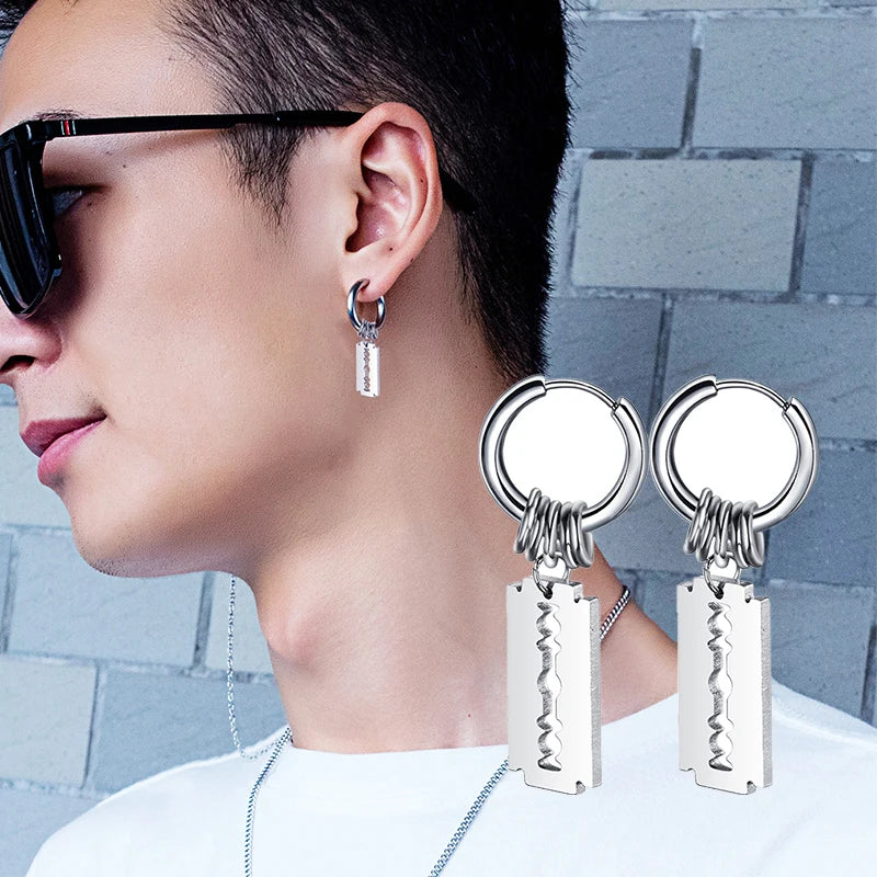 Stainless Steel Blade Earrings Hollow Drop Earrings Women Men Punk, Hip Hop