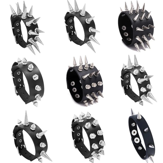 Hip Hop Men Women Spiked Bangle Vintage Punk Black Leather Wrap Bracelet