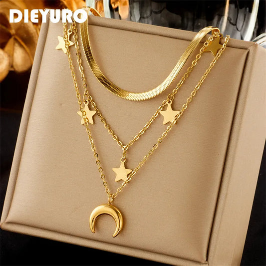 316L Stainless Steel Moon Stars Pendant Necklace Gold Color 3 in 1 Neck Chains Vintage