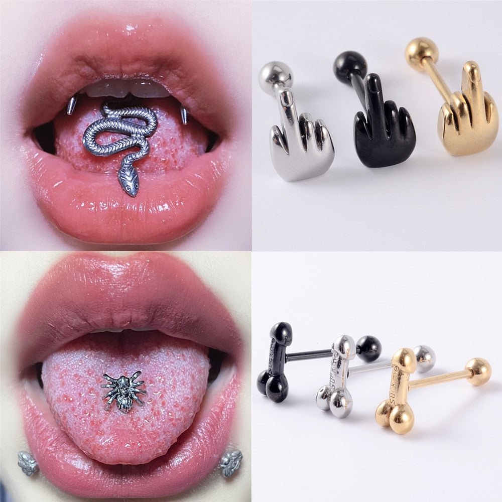 1-pc Gothic Snake / Middle Finger/Spider Surgical Steel Tongue Piercing