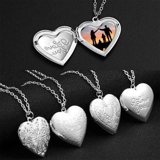 Silver Color Love Heart Photo Frame Pendant Necklace