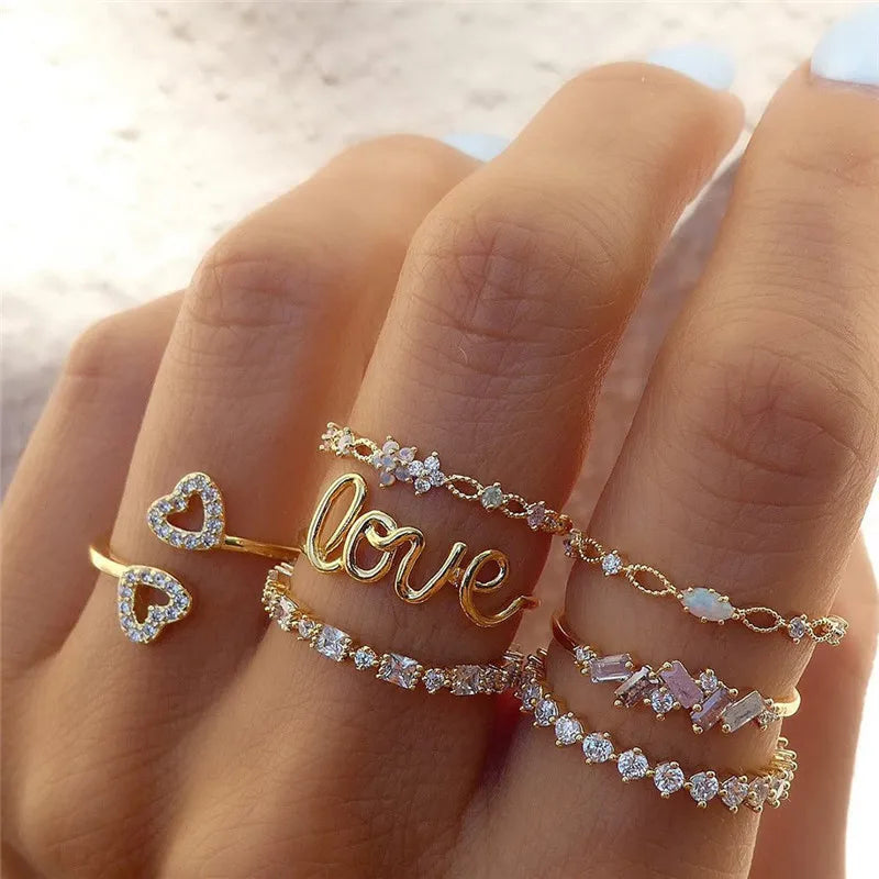 Boho Gold Color Heart Finger Rings Set For Women Cubic Zirconia Star Moon Arrow Flower