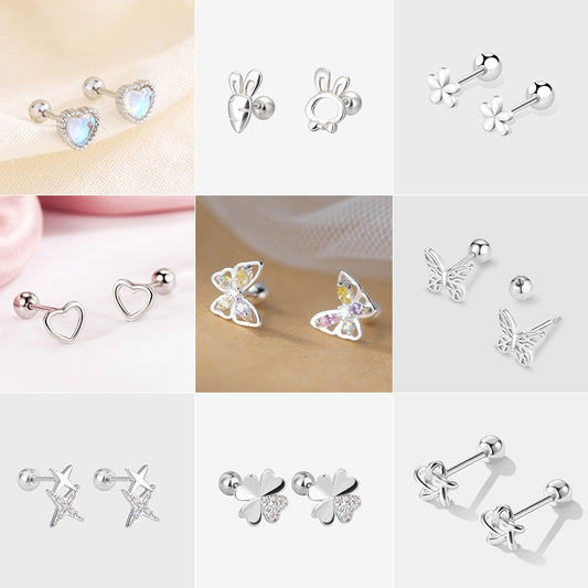 Silver Needles Piercing Stud Earrings 2Pc Butterfly, Heart