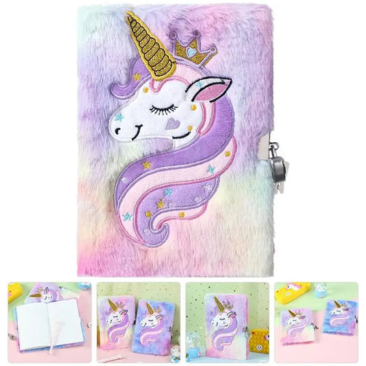 Diary Notebook Lock Girls Key Plush Cover Lockable Gift Unicorns Pattern