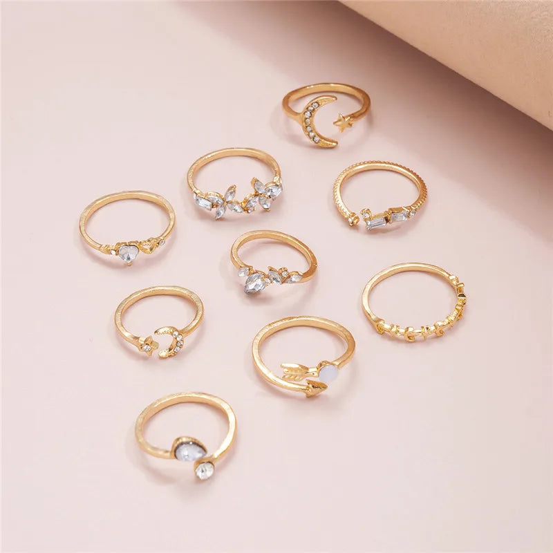 Boho Gold Color Heart Finger Rings Set For Women Cubic Zirconia Star Moon Arrow Flower