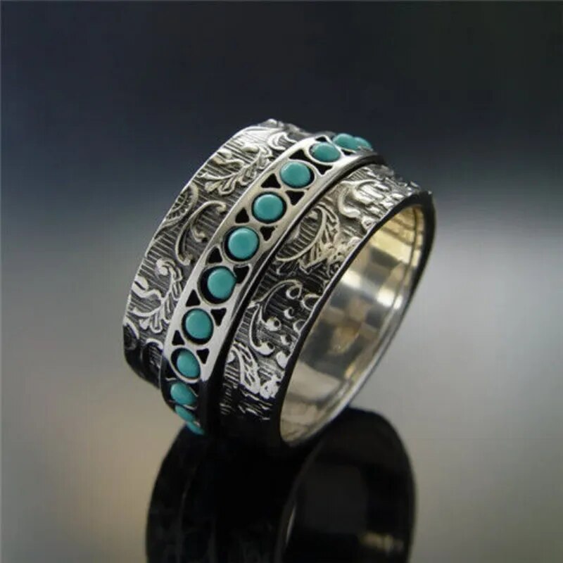 Vintage Bohemian Style Wide Width Ring Inlaid Oval Stone Two Tone Design