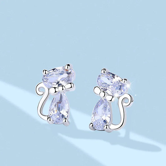 925 Silver Needle Fashion Crystal Cat Stud Earrings Gothic Accessories Cute Girls Jewelry