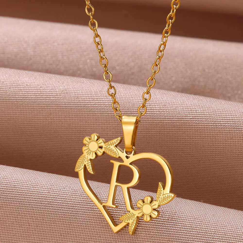 Gold Color Dainty Flower Initials Necklace Stainless Steel Heart Choker Alphabet Jewelry