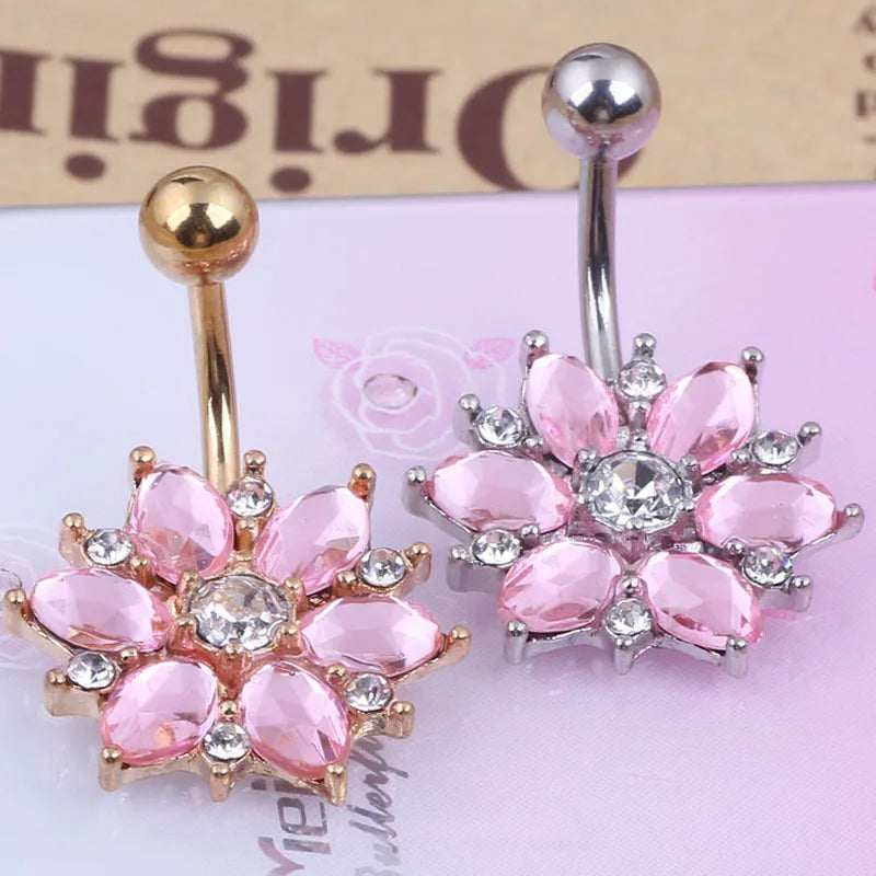 1 Piece Pink Dangle Bee Flower Navel Piercing Belly Button Rings Surgical Steel