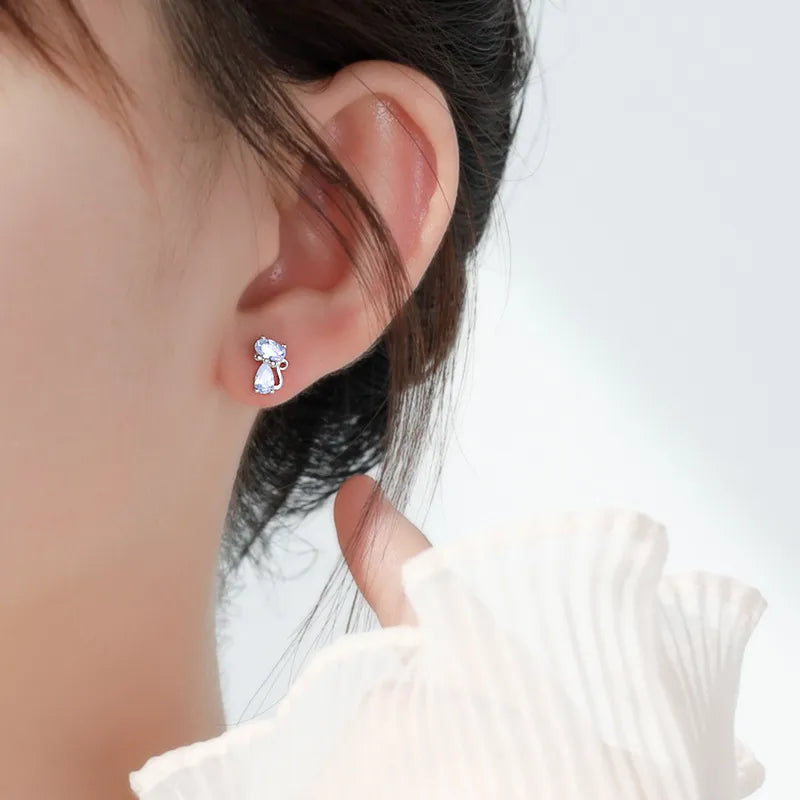 925 Silver Needle Fashion Crystal Cat Stud Earrings Gothic Accessories Cute Girls Jewelry