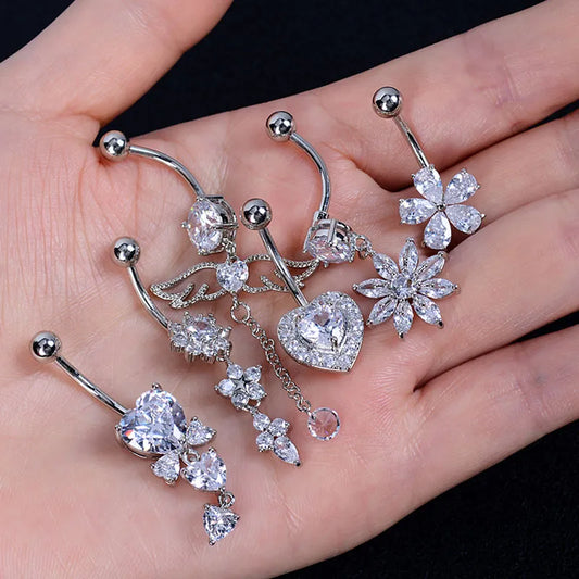 Belly Button Rings  Stainless Steel Butterfly Wing Flower Zircon Dangle