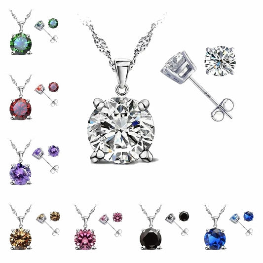 Classic Jewelry Cubic Zirconia 925 Sterling Silver Jewelry Sets 4 Claw Stud Earring Pendant Necklace 8 Colors