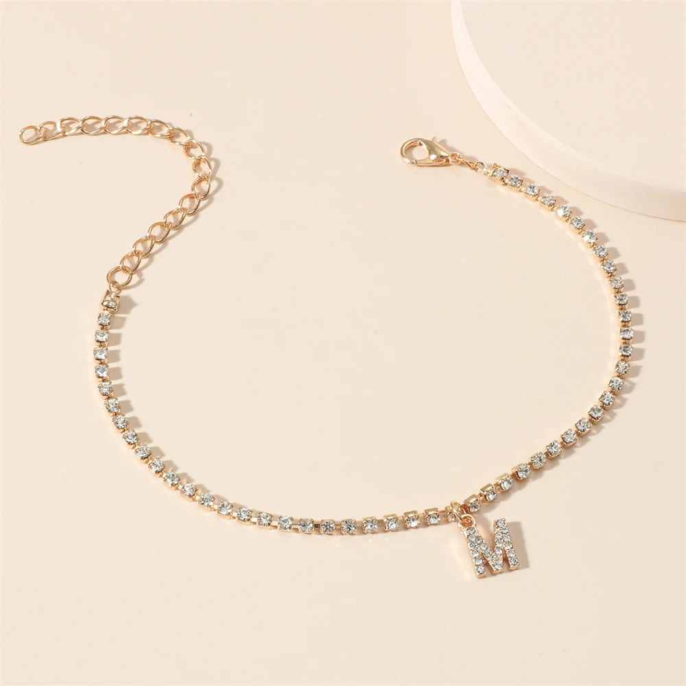 Crystal Zircon Initial Letter Ankle Bracelet Foot Chain Beach Boho Jewelry