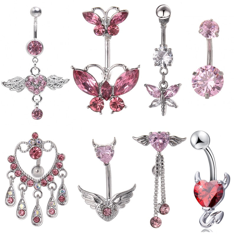 Pink Crystal Surgical Steel Piercing Belly Ring Sexy