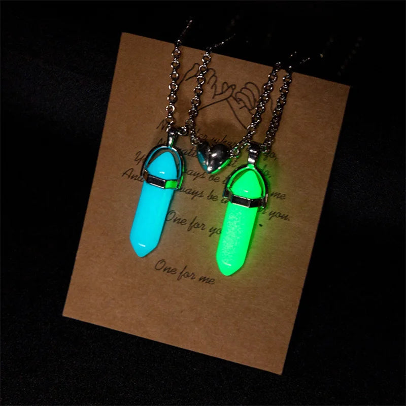 2Pcs/Set Luminous Hexagonal Column Heart Pendant Couple Magnetic Necklace