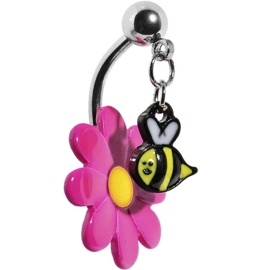 1 Piece Pink Dangle Bee Flower Navel Piercing Belly Button Rings Surgical Steel