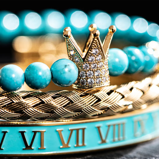 CZ Crown Handmade Enamel Roman Numeral Bangles Bracelet Rope Turquoise Stone Beads