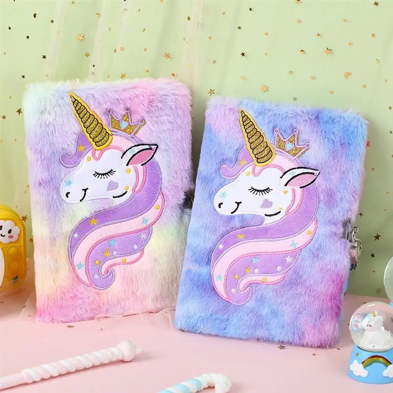 Diary Notebook Lock Girls Key Plush Cover Lockable Gift Unicorns Pattern