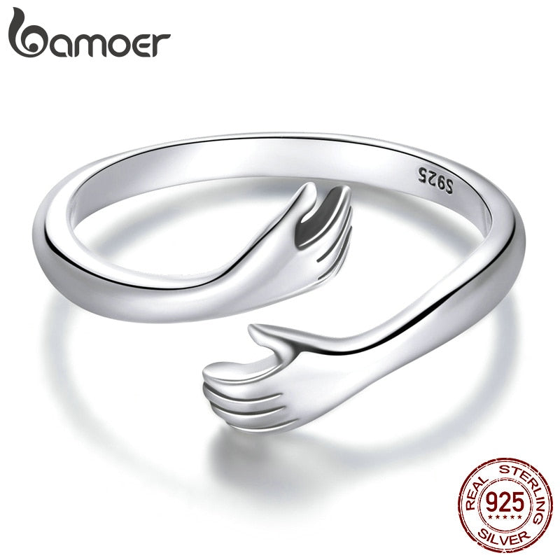 925 Sterling Silver Hug Warmth and Love Hand Adjustable Ring Jewelry 3 Colors