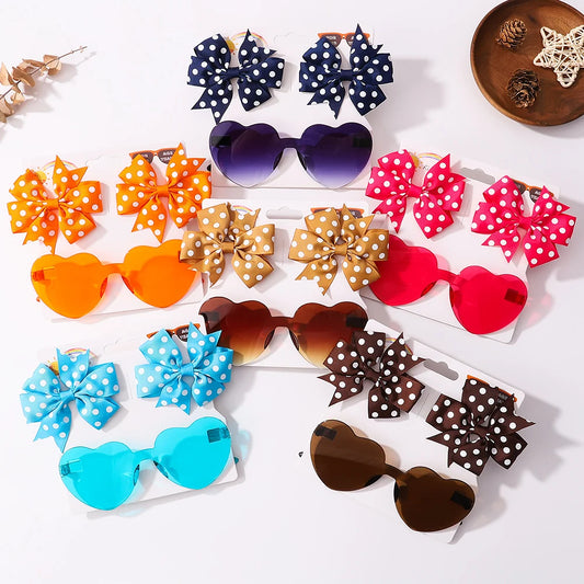 3Pcs/set Kids Cute Solid Dot Hairpin Colorful Heart Sun Glasses Set Girls