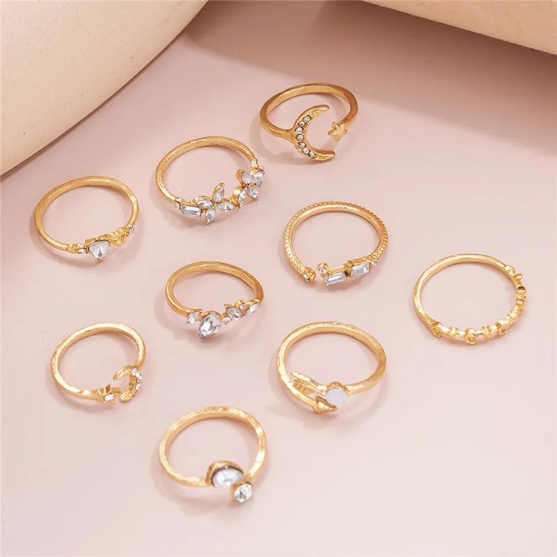 Boho Gold Color Heart Finger Rings Set For Women Cubic Zirconia Star Moon Arrow Flower