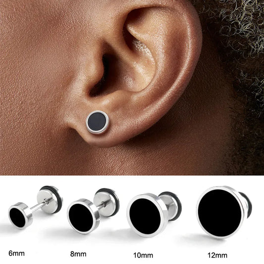 Men's Earrings Titanium Steel Round Black Oil Drip Stud Earrings