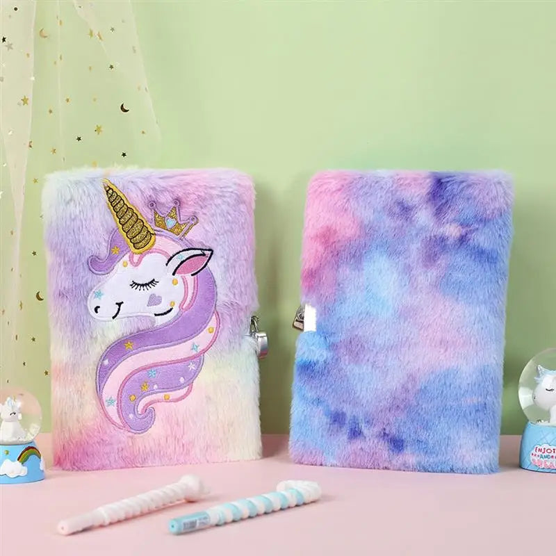 Diary Notebook Lock Girls Key Plush Cover Lockable Gift Unicorns Pattern