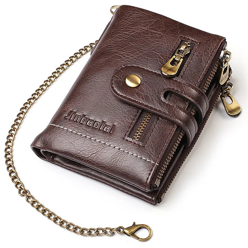 Mens Wallets Leather Short Card Holder Chain  Classic Retro