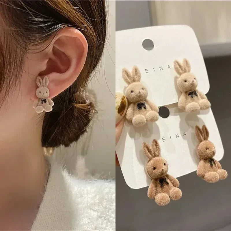 Silver Needle Earrings Cute Flocking Rabbit Ear Studs Bear Earrings