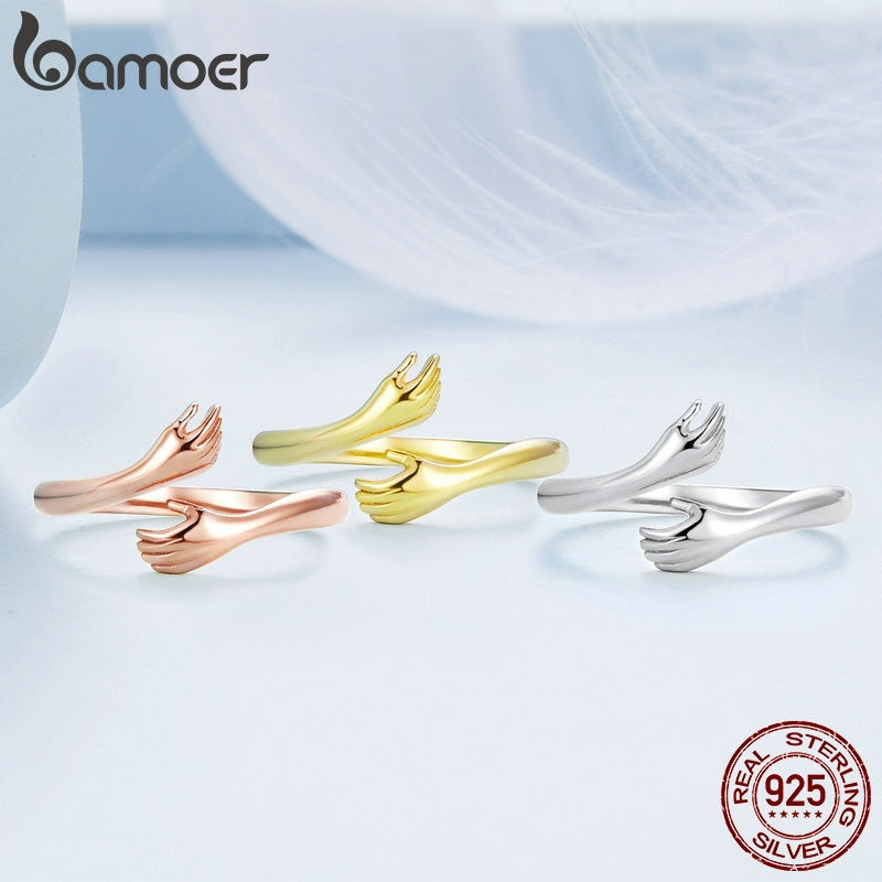 925 Sterling Silver Hug Warmth and Love Hand Adjustable Ring Jewelry 3 Colors