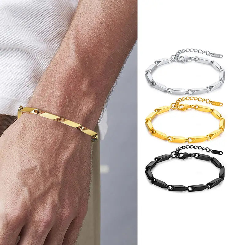 Bar Link Thai Bracelet, Gold Black 18+5CM Stainless Steel Gold-Plated Bamboo Bracelet