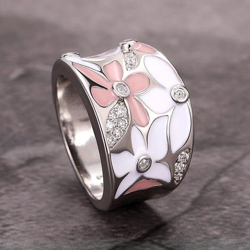 Huitan Aesthetic Enamel Flower Finger Ring Silver Color Cubic Zirconia