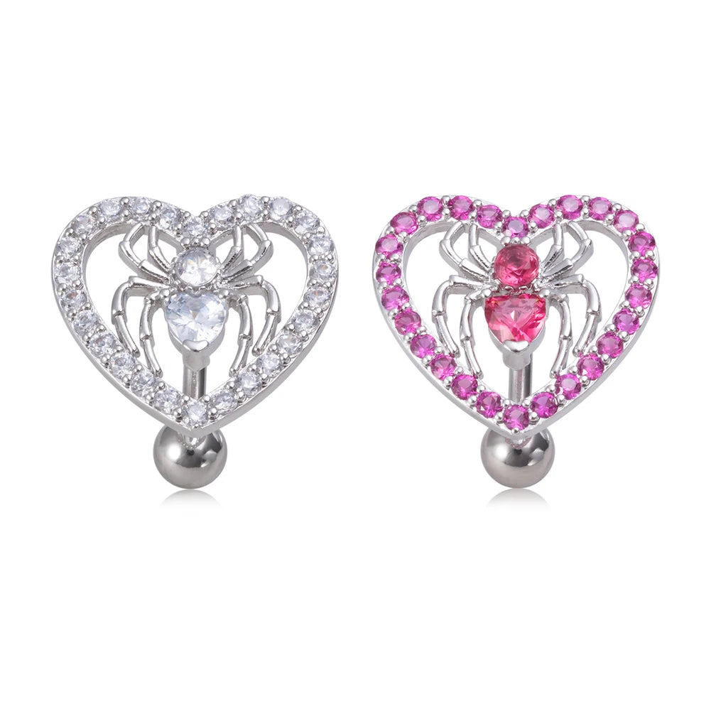 Heart Spider Belly Button Ring 14 G Surgical Steel Clear Pink Zircon Reverse Curved Navel Piercing