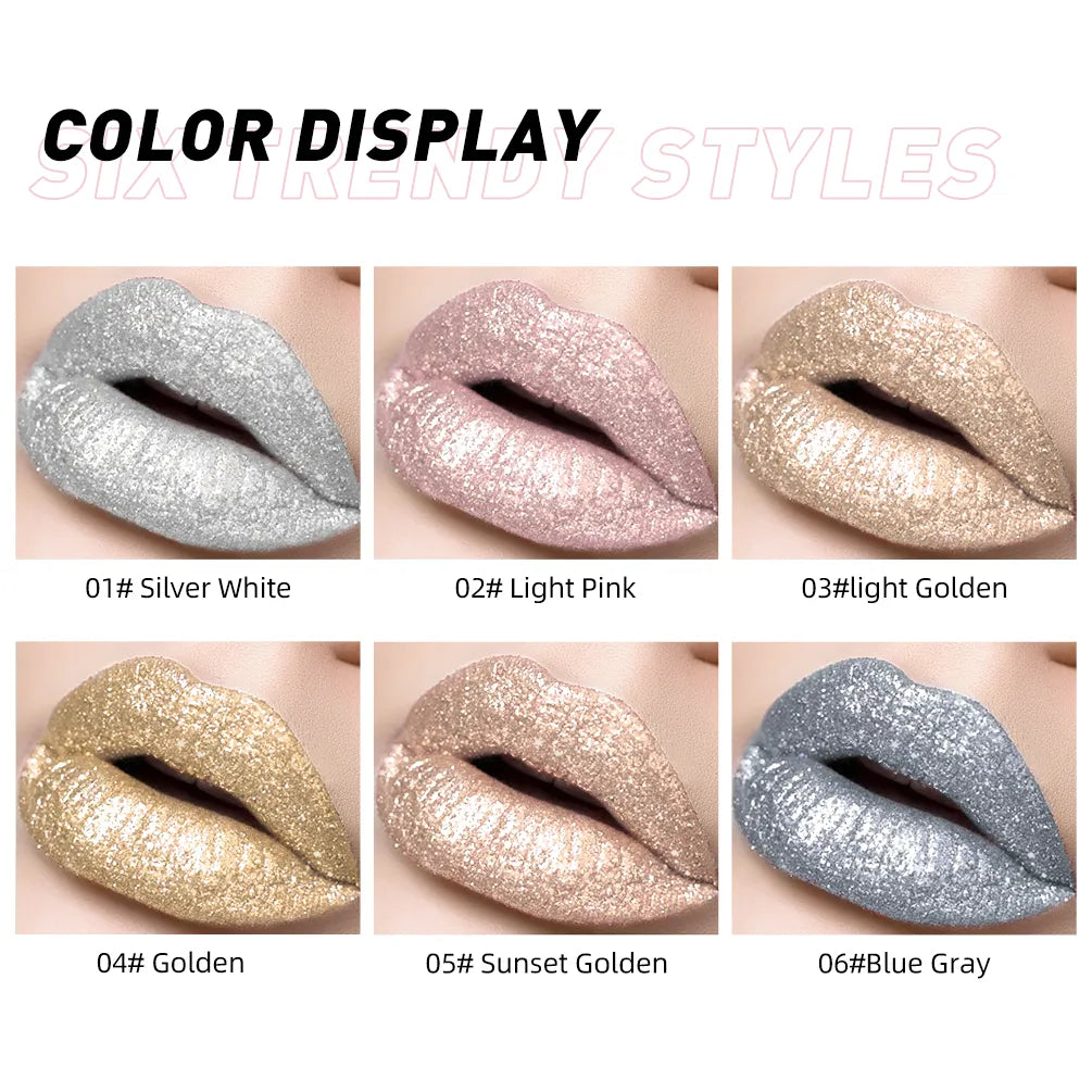 Glitter Diamond Liquid Lipstick Waterproof Long Lasting Pearl Shiny Lip Gloss Metal 6 Colors