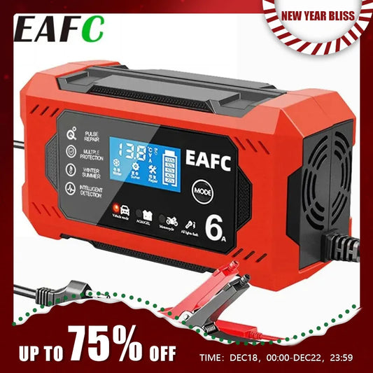 Car Battery Charger 6A 12V Car and Motorcycle Battery Charging Device Lead-acid Battery Smart Repair LCD Display