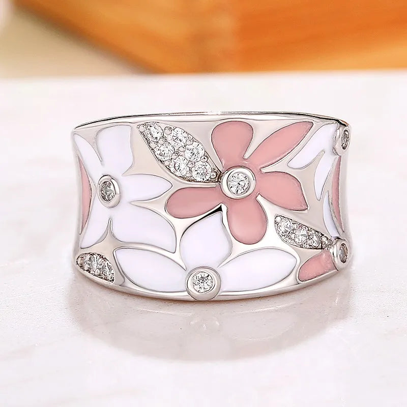 Huitan Aesthetic Enamel Flower Finger Ring Silver Color Cubic Zirconia