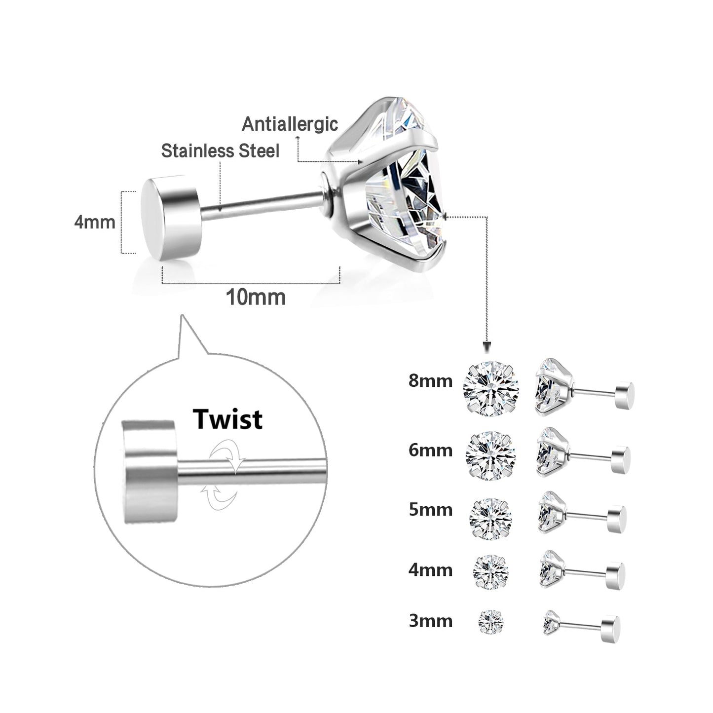 1Pairs/2Pcs Stainless Steel Crystal Stud Earrings 4 Prong Round Clear Cubic Zirconia