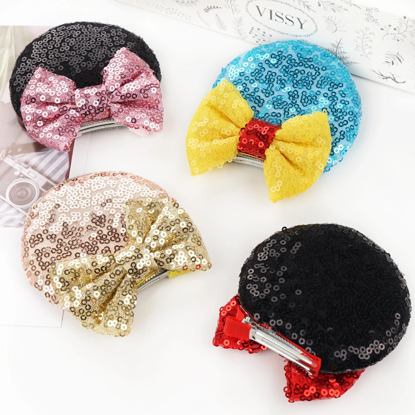 2Pcs Sequin Mouse Ears Hair Clips Glitter Hair Bows