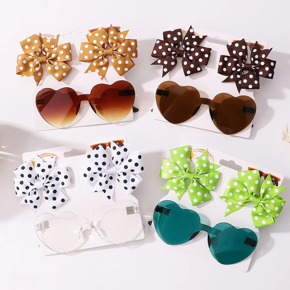 3Pcs/set Kids Cute Solid Dot Hairpin Colorful Heart Sun Glasses Set Girls