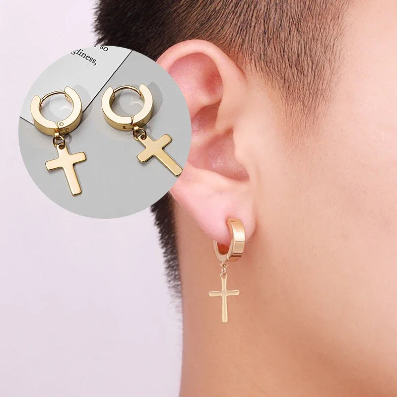 2pc Stainless Steel Unisex Cross Stars Punk Dangle Earrings Gothic Cross