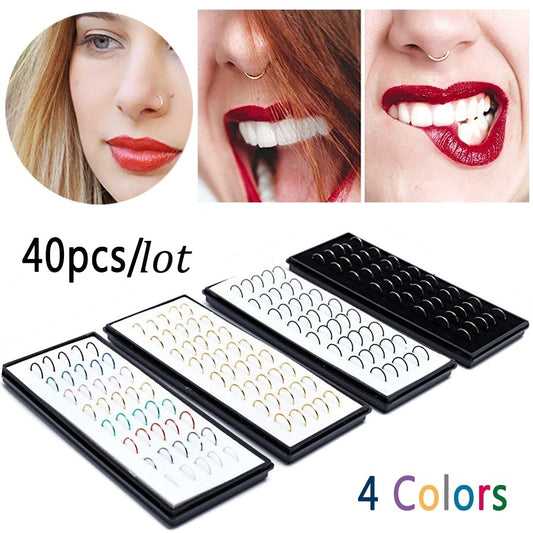 40PC/Set Stainless Steel Colorful Fashion Nose Hoop Ring