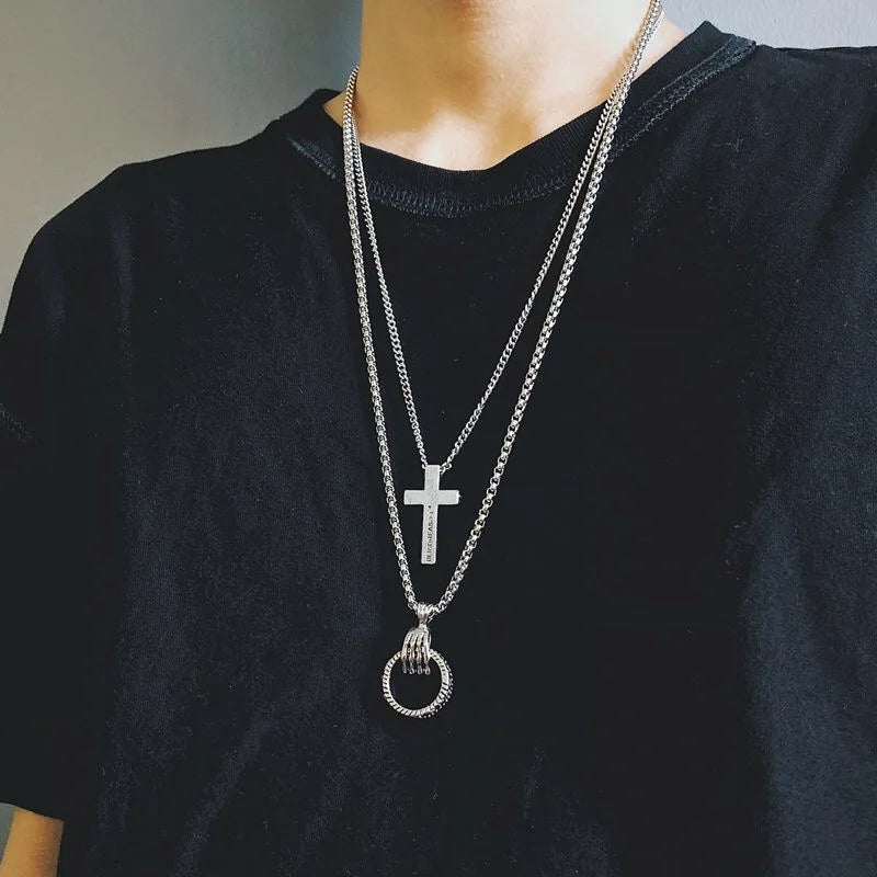 Unisex Multi layer Hip Hop Long Chain Necklace Key Cross Pendant