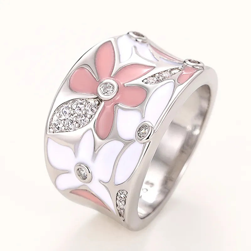 Huitan Aesthetic Enamel Flower Finger Ring Silver Color Cubic Zirconia